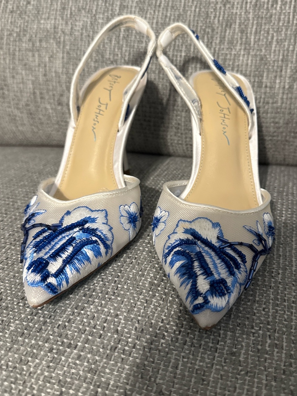 Women’s White Satin Pointed Toe Slingback Heels with Blue Floral Embroidery